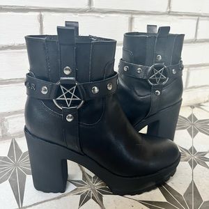 Killstar Vegan Western biker Boot US 9 Black platform chunky heel booties